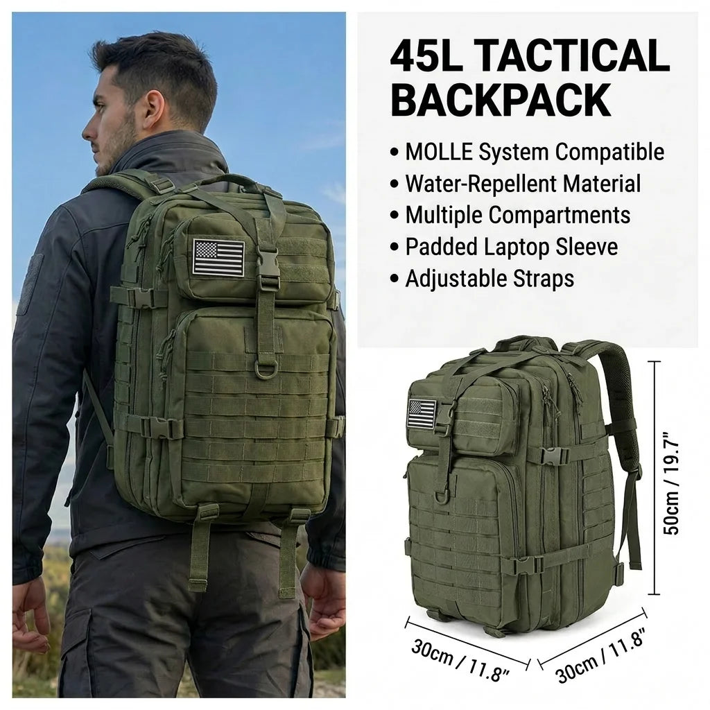 45L Tactical Hunting Backpack — MOLLE Camo Water-Resistant Rucksack