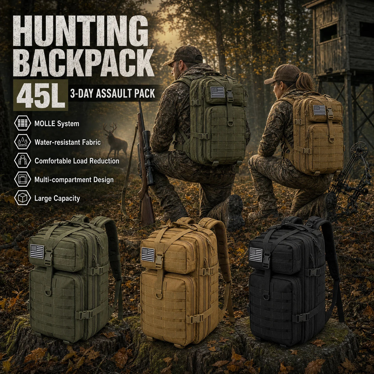 45L Tactical Hunting Backpack — MOLLE Camo Water-Resistant Rucksack