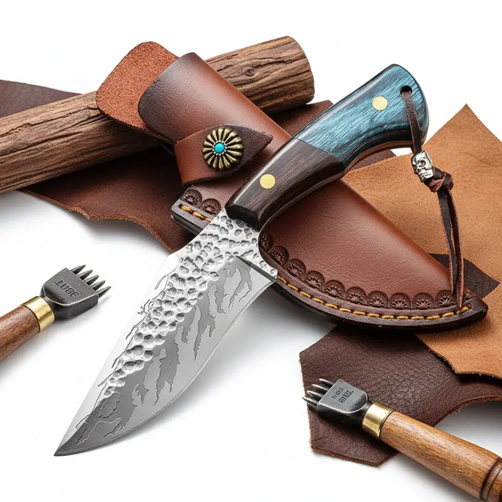 Damascus Outdoor Fixed Blade Knife Outdoor Knife With Leather Sheath