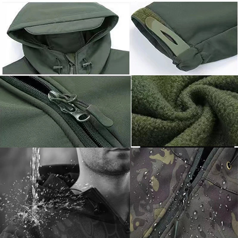 Men's Winter Autumn Warm Softshell Fleece Hood Cargo Jackets Camping