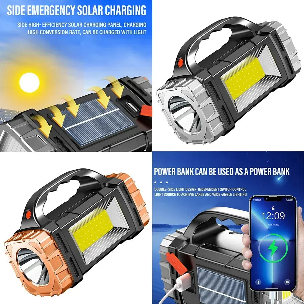 2024 Powerful LED Flashlight USB+Solar Rechargeable Flashlight COB