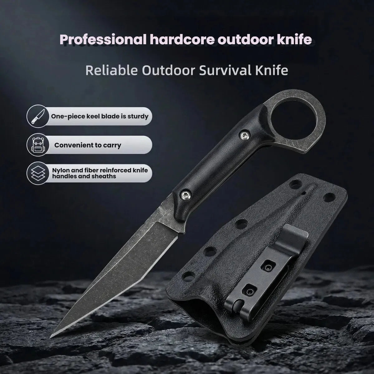 Fixed Blade Straight Knife Black Portable Stainless Steel Outdoor