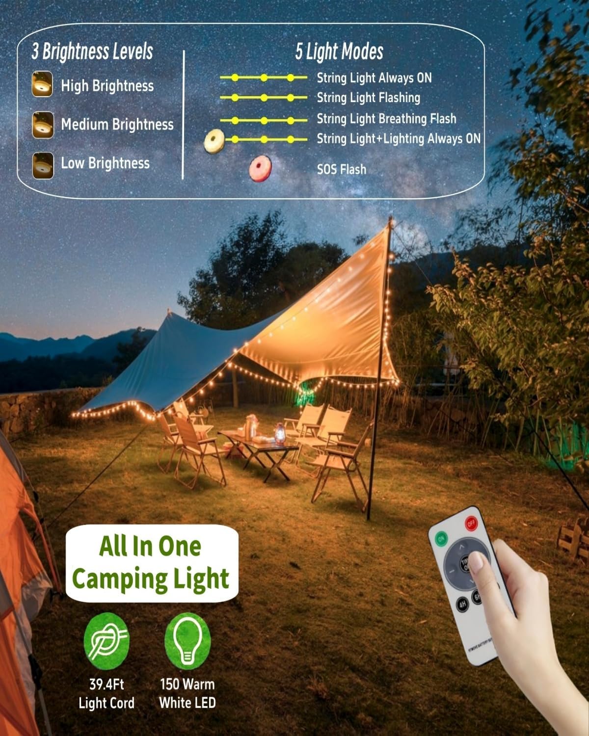 Solar Camping String Lights 4 in 1 Retractable Lantern with Remote