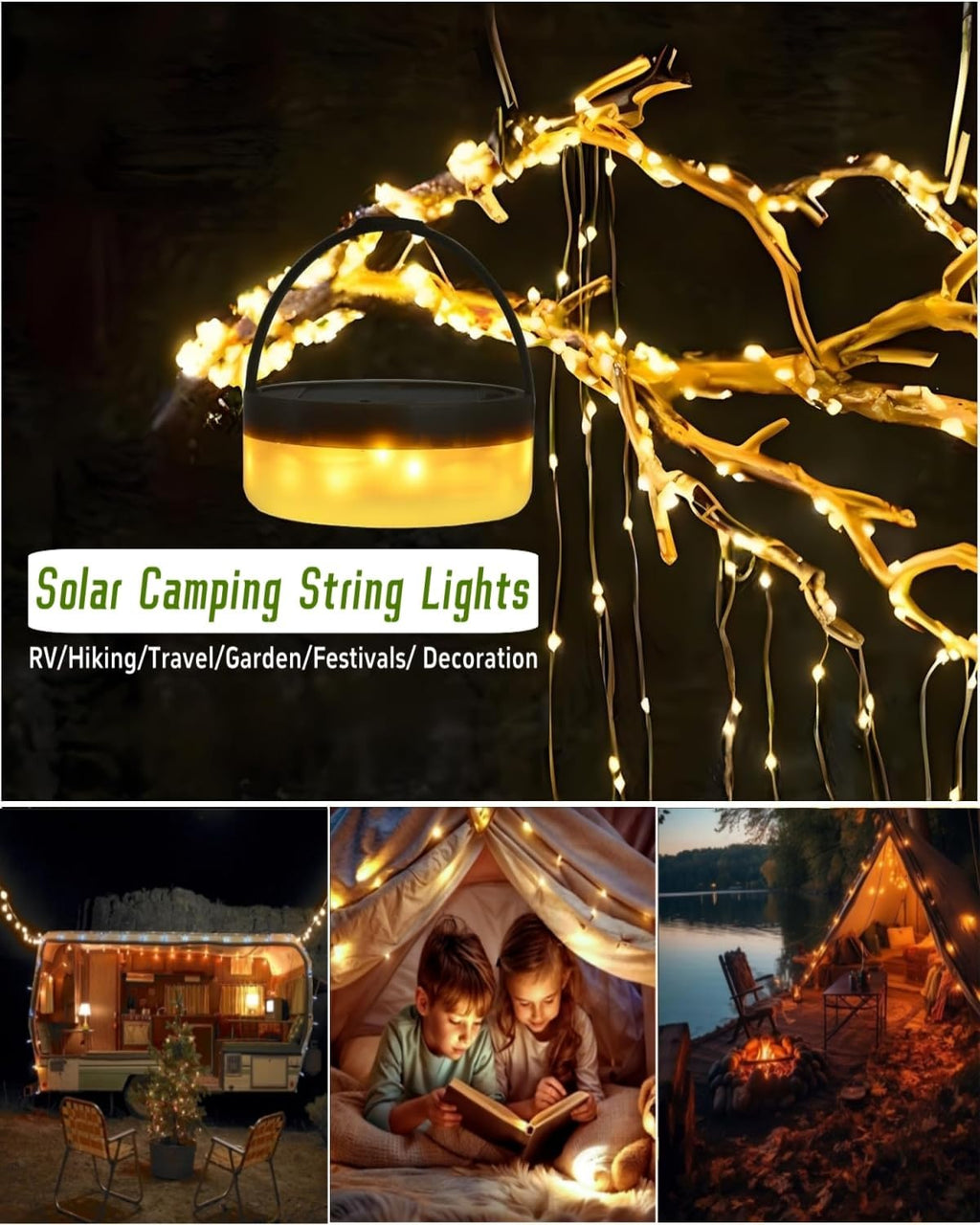 Solar Camping String Lights 4 in 1 Retractable Lantern with Remote